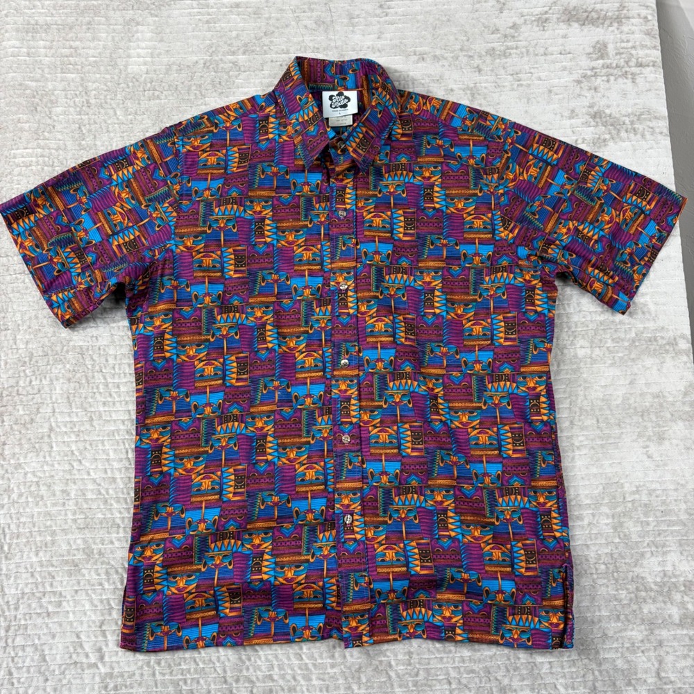 Vintage Hilo Hattie Mens Large Tiki Mask Totem Aloha Shirt Made in Hawaii Cotton